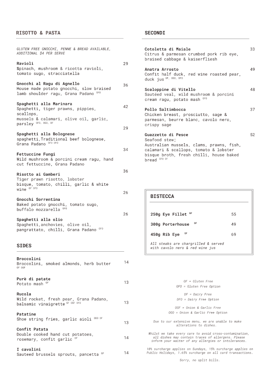 Menu, Di Palma's