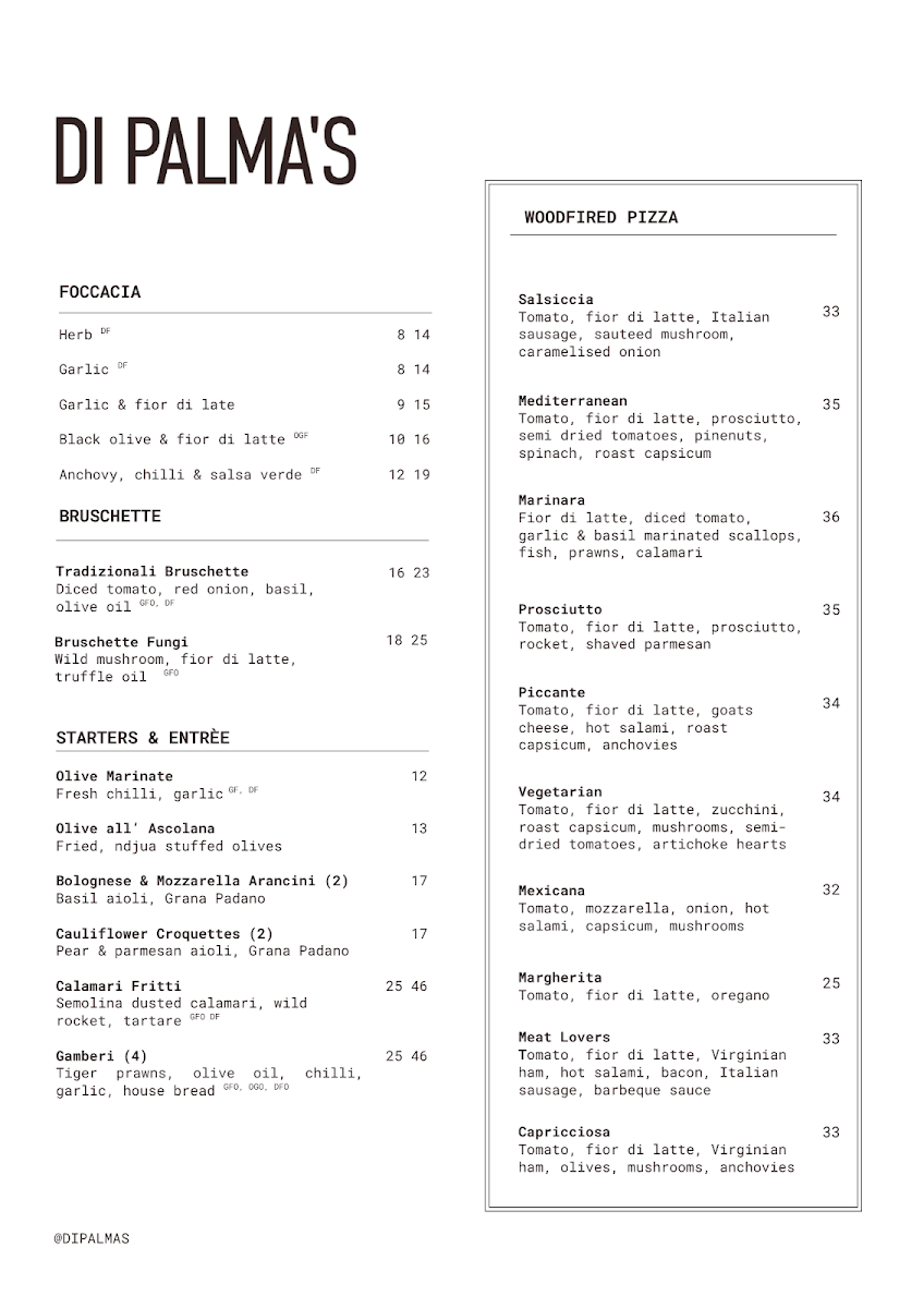Menu, Di Palma's