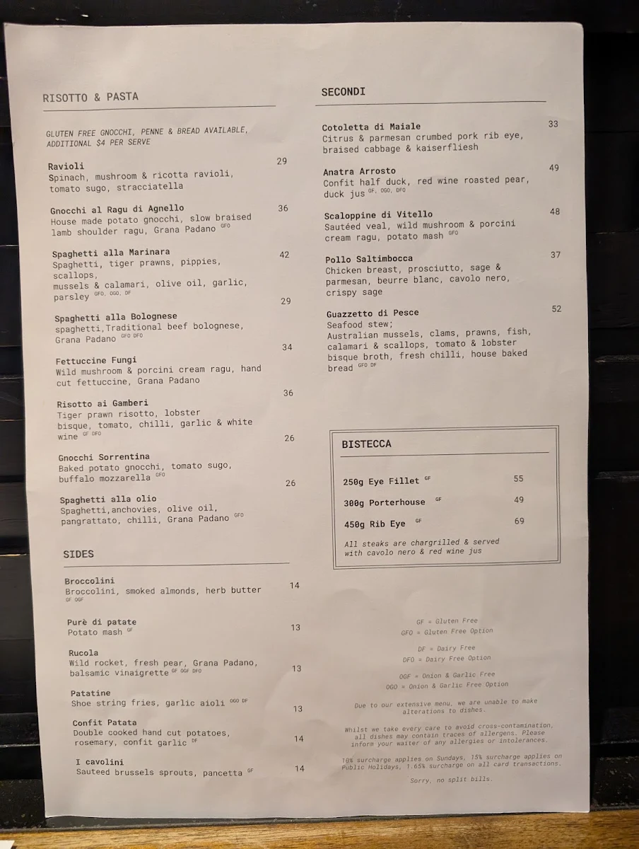 Menu, Di Palma's