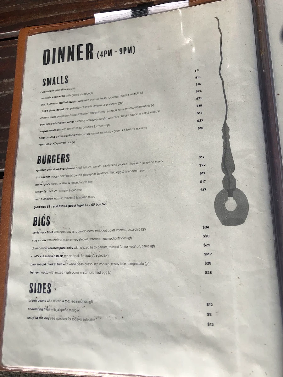 Menu, Hope and Anchor