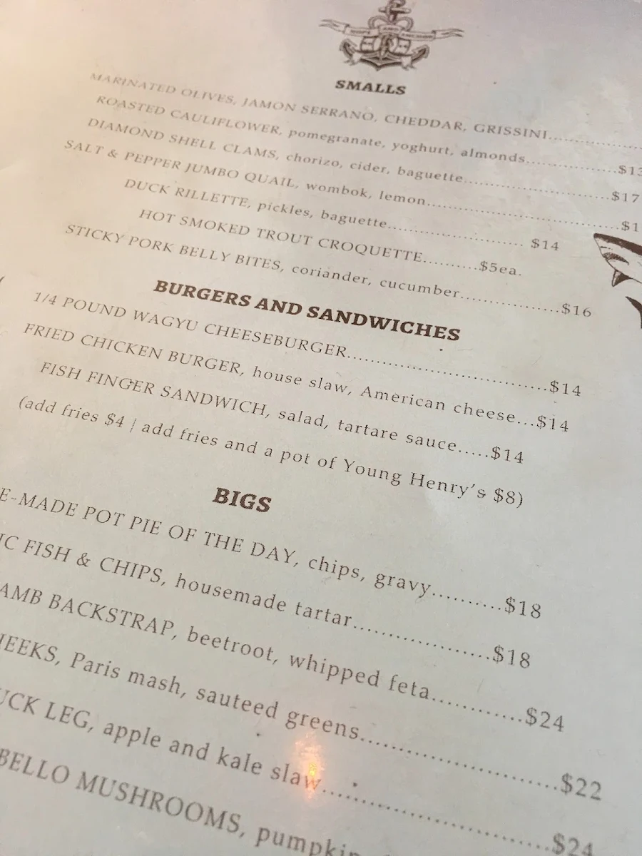 Menu, Hope and Anchor