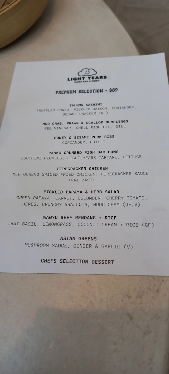 Menu, Light Years - Newcastle