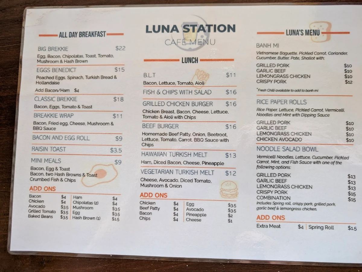 Menu, Luna Station Cafe