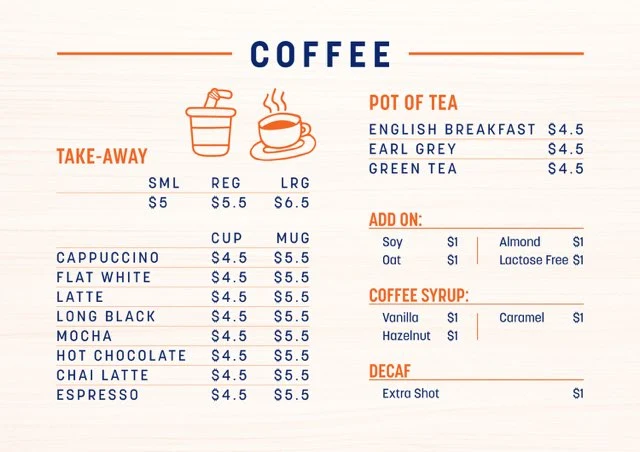 Menu, Luna Station Cafe