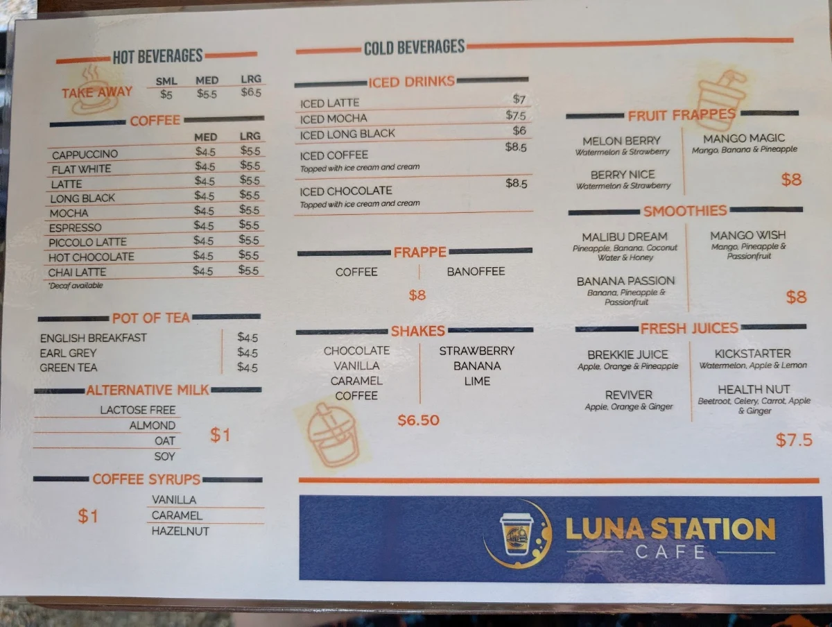 Menu, Luna Station Cafe