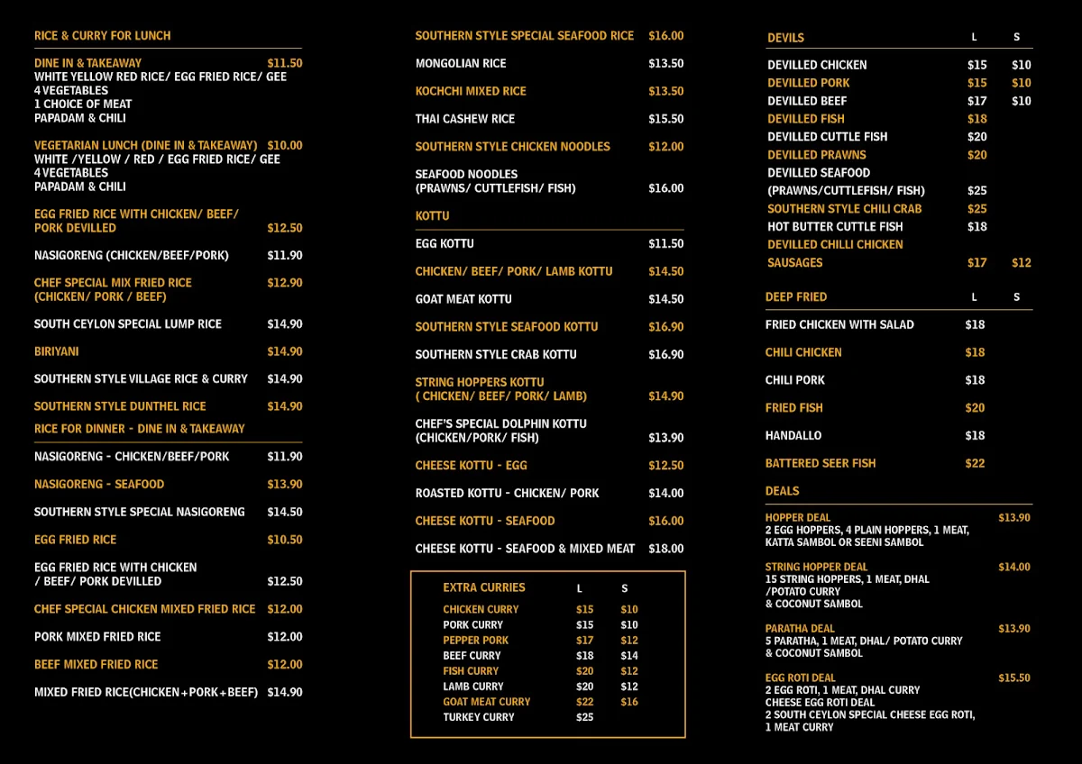 Menu, South Ceylon