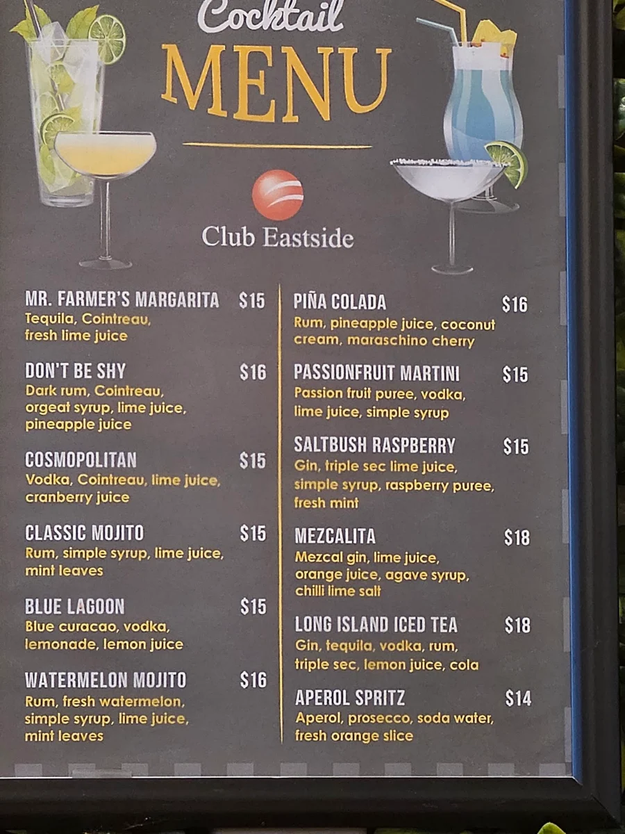 Menu, Club Eastside