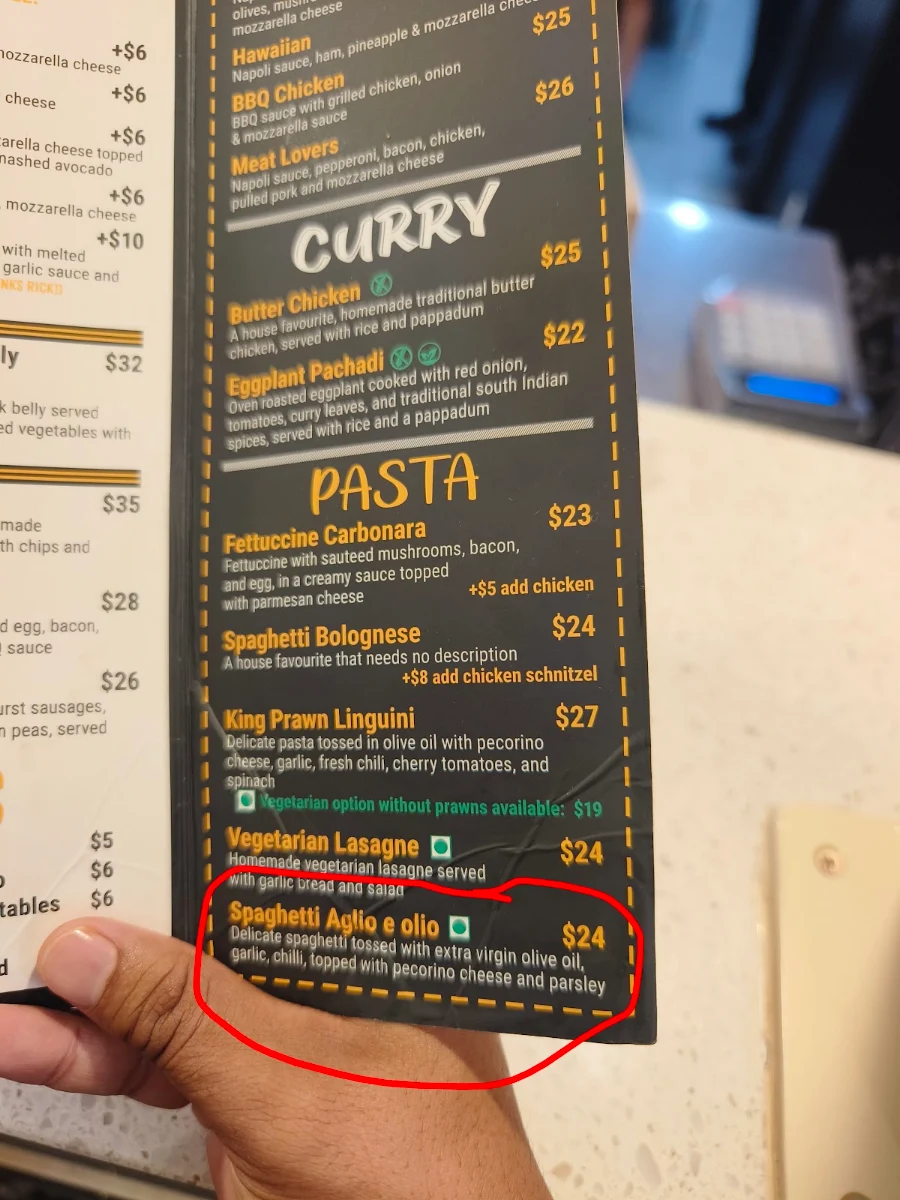 Menu, Club Eastside
