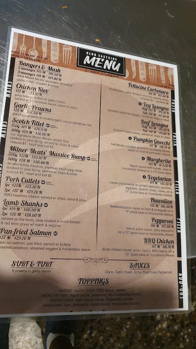 Menu, Club Eastside
