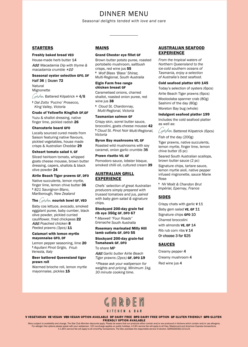 Menu, Garden Kitchen & Bar