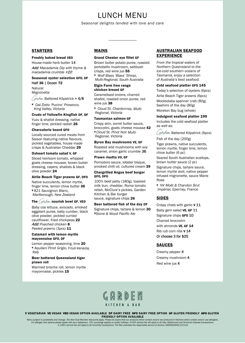 Menu, Garden Kitchen & Bar