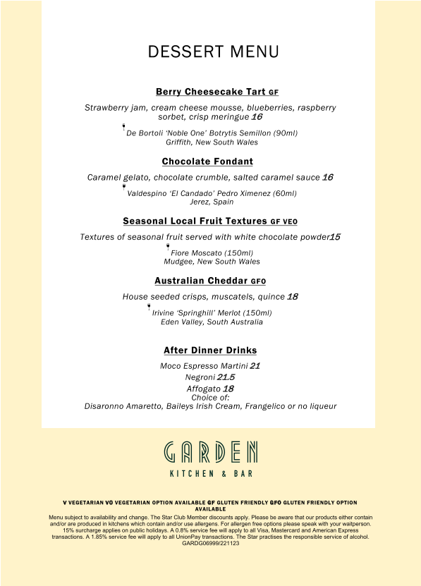 Menu, Garden Kitchen & Bar
