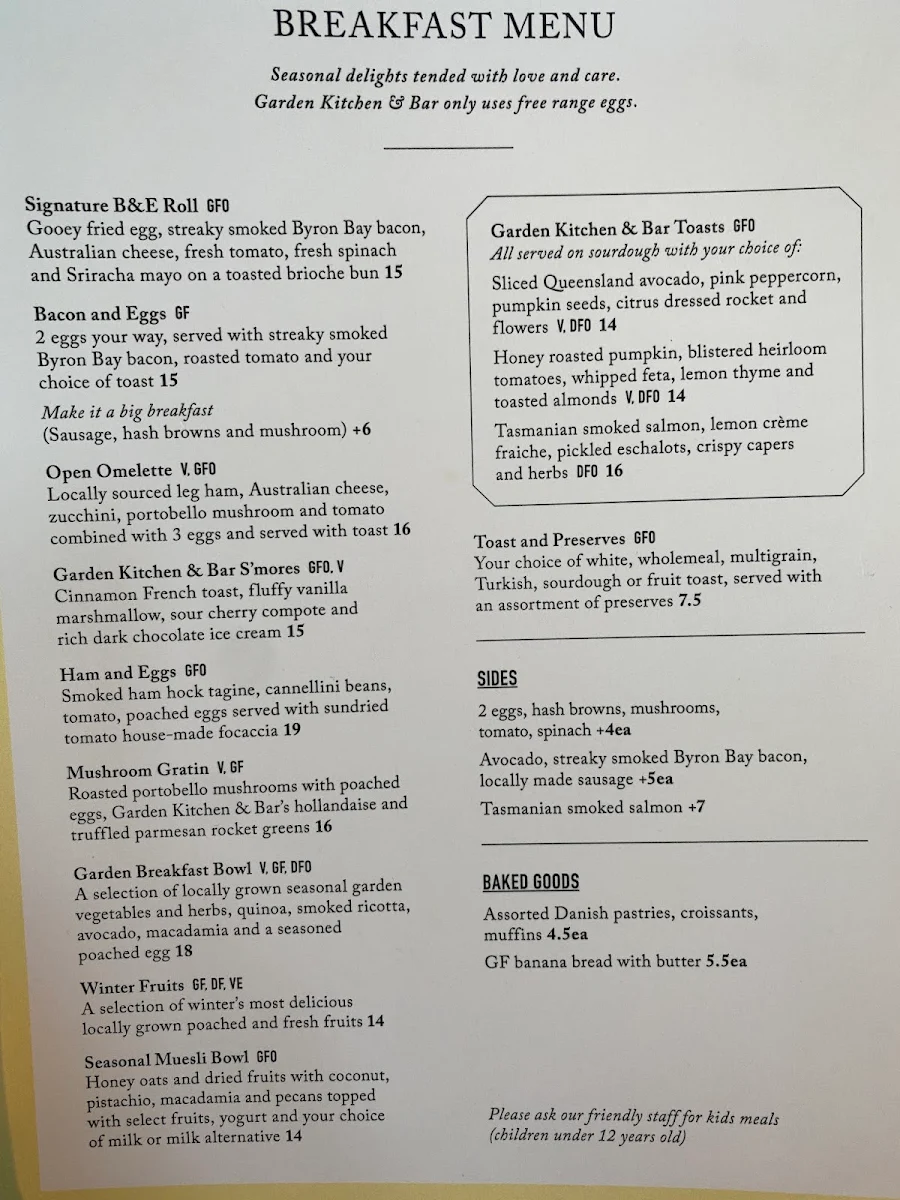 Menu, Garden Kitchen & Bar