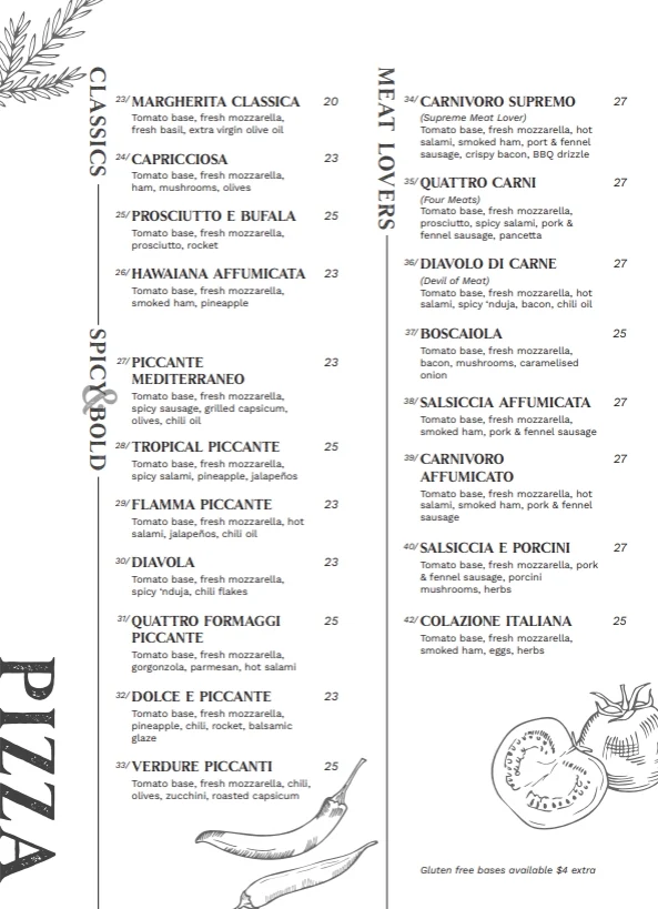 Menu, The Grains Artisan Pasta Kitchen & Pizzeria