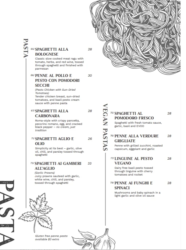 Menu, The Grains Artisan Pasta Kitchen & Pizzeria