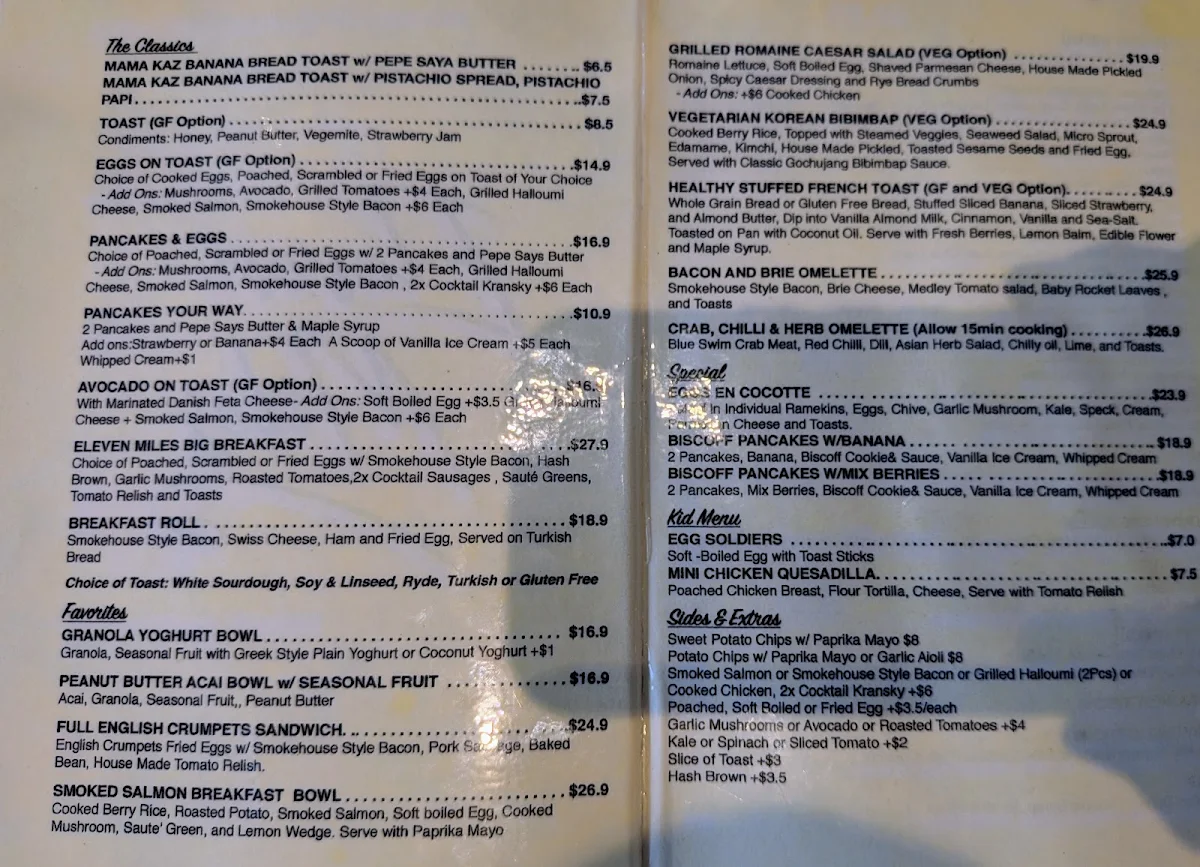 Menu, Eleven Miles