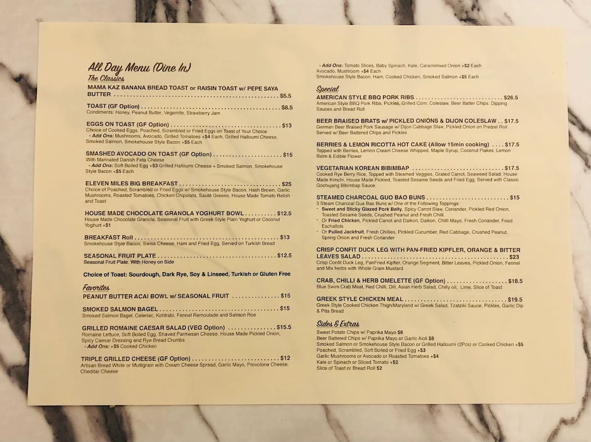 Menu, Eleven Miles