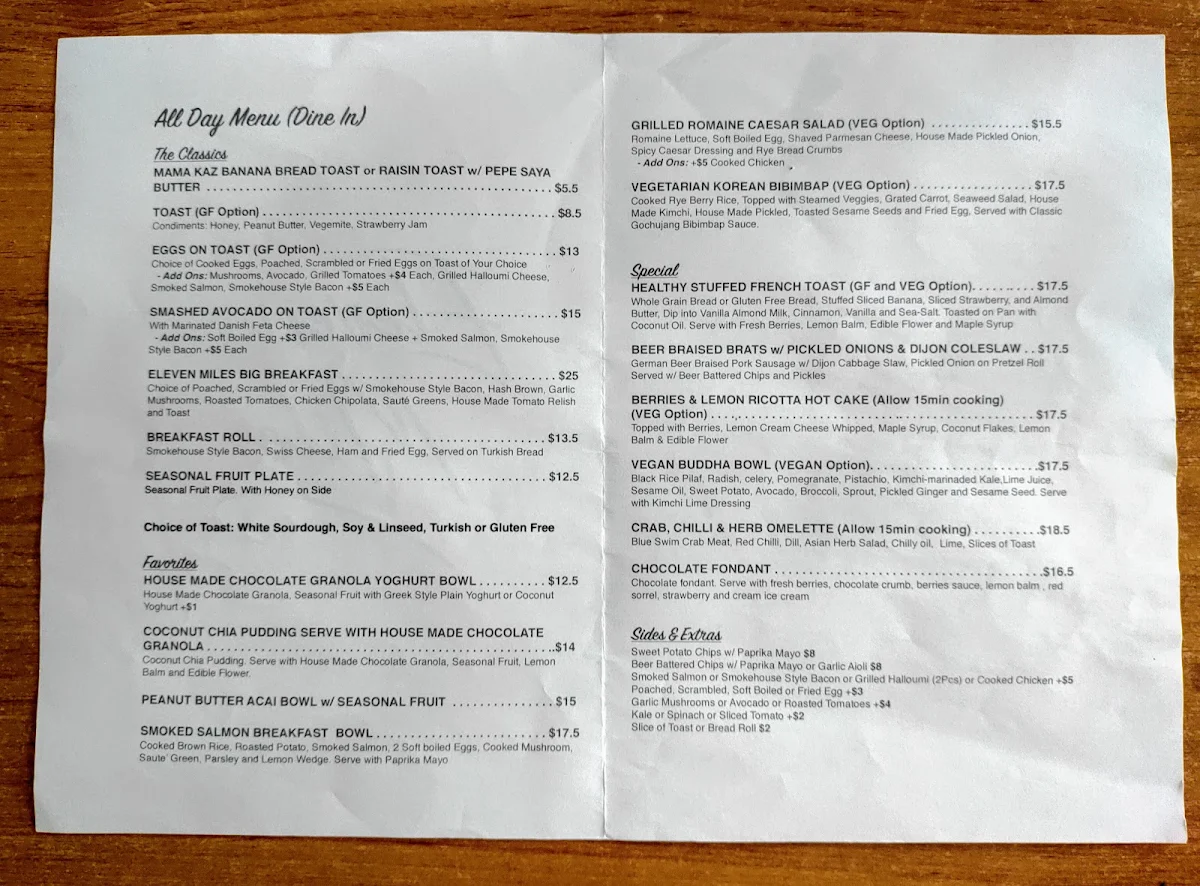 Menu, Eleven Miles