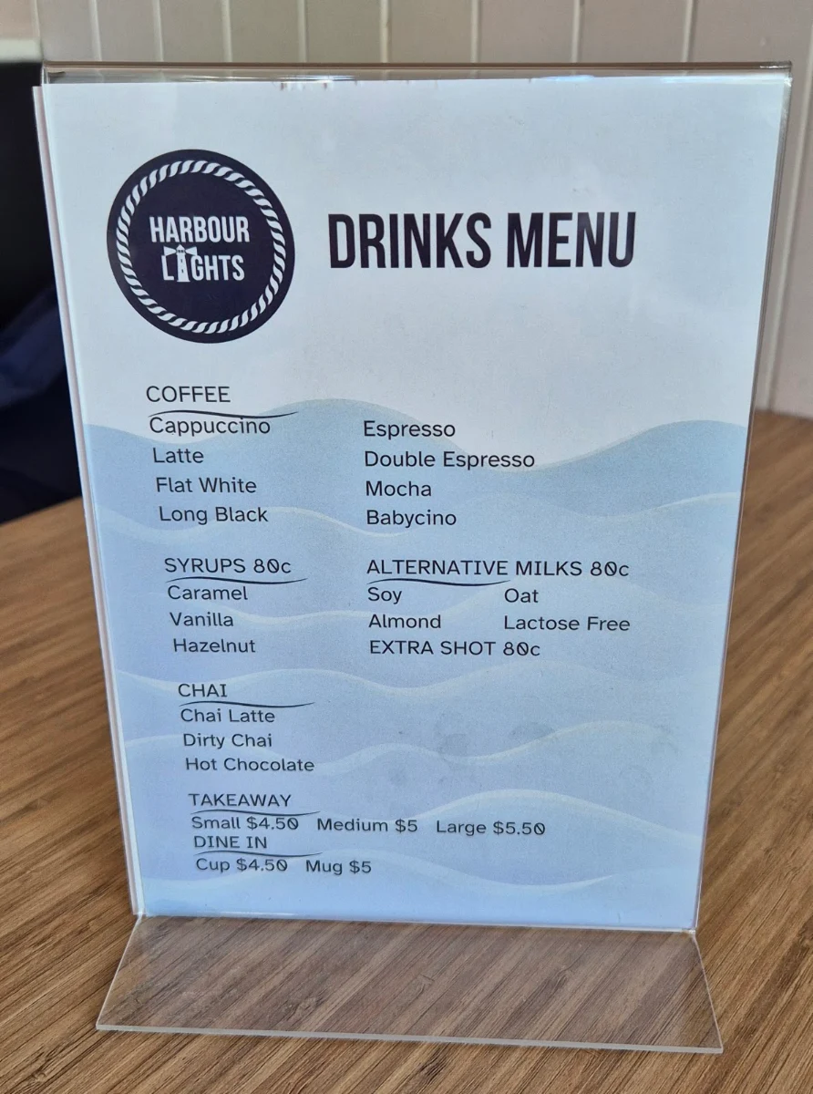 Menu, Harbour Lights Snack Bar