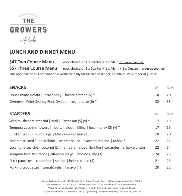 Menu, The Growers By Ponte (Previously The Growers Shoalhaven)
