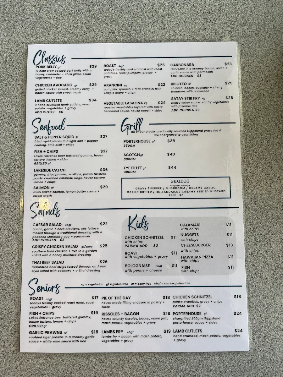 Menu, Lakeside Club