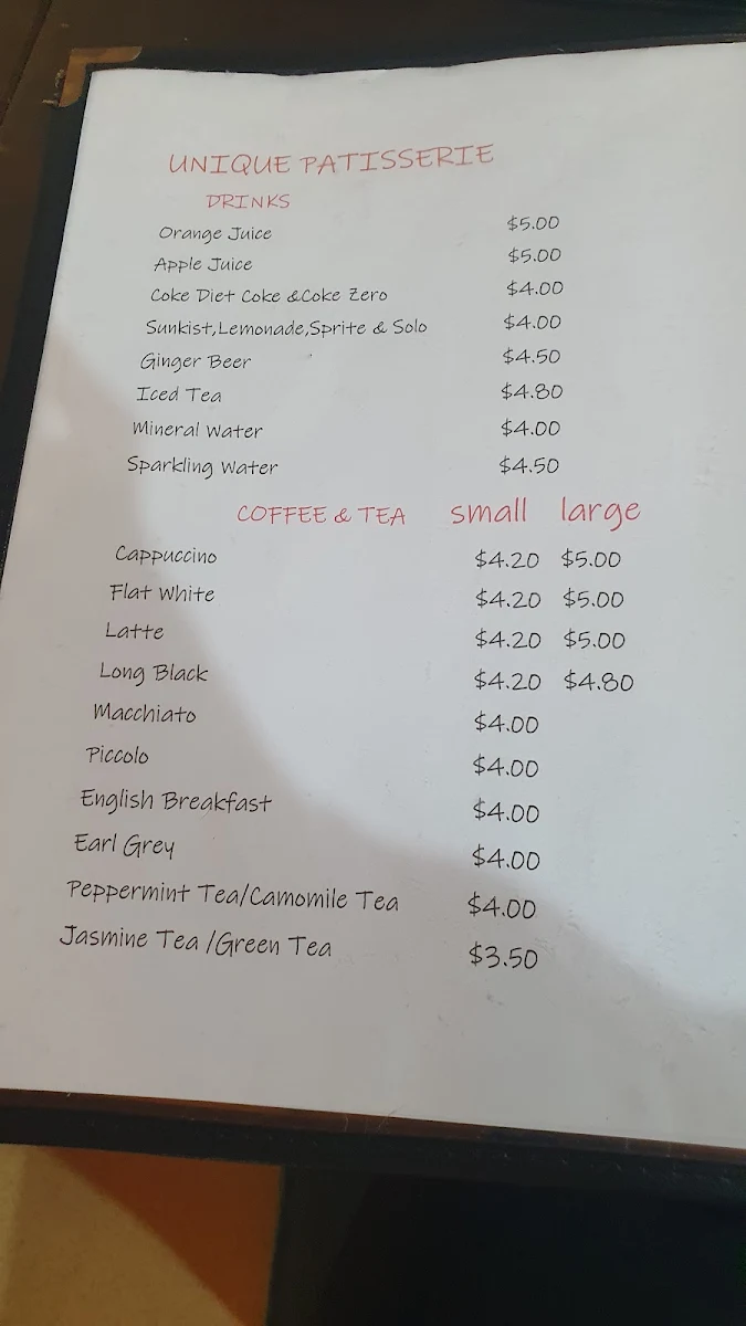 Menu, Unique Patisserie
