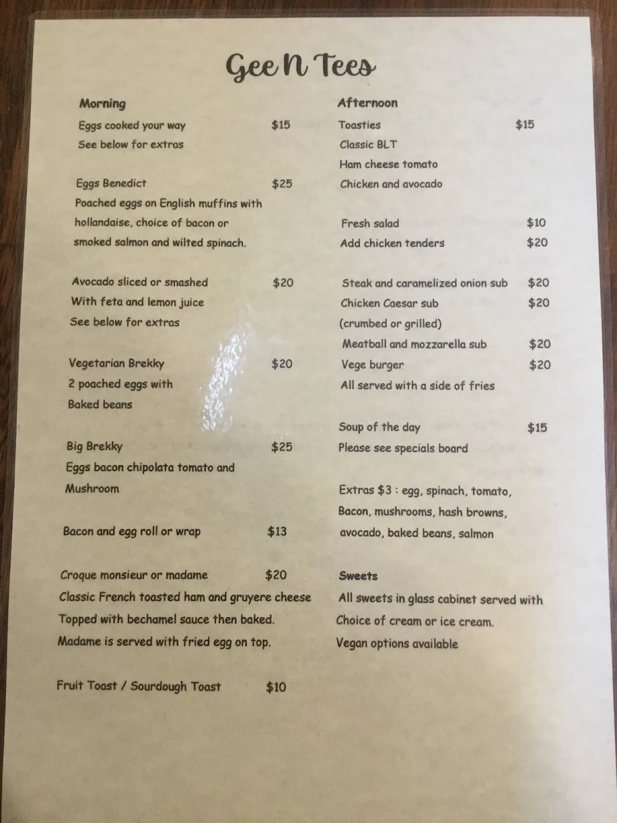 Menu, Gee N tees