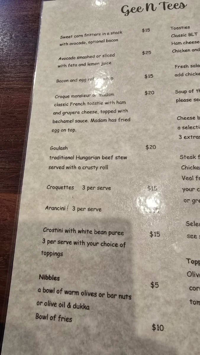 Menu, Gee N tees