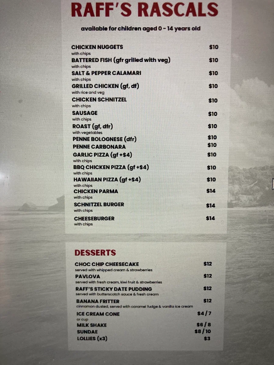 Menu, Rafferty's Tavern