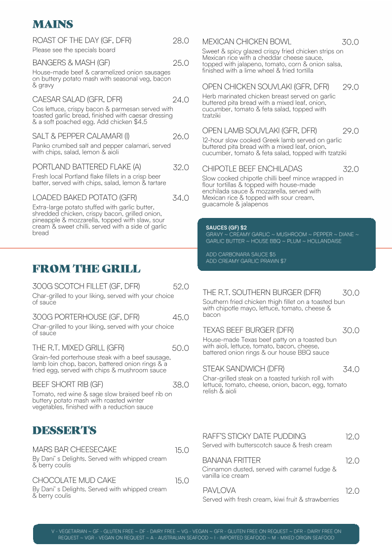 Menu, Rafferty's Tavern