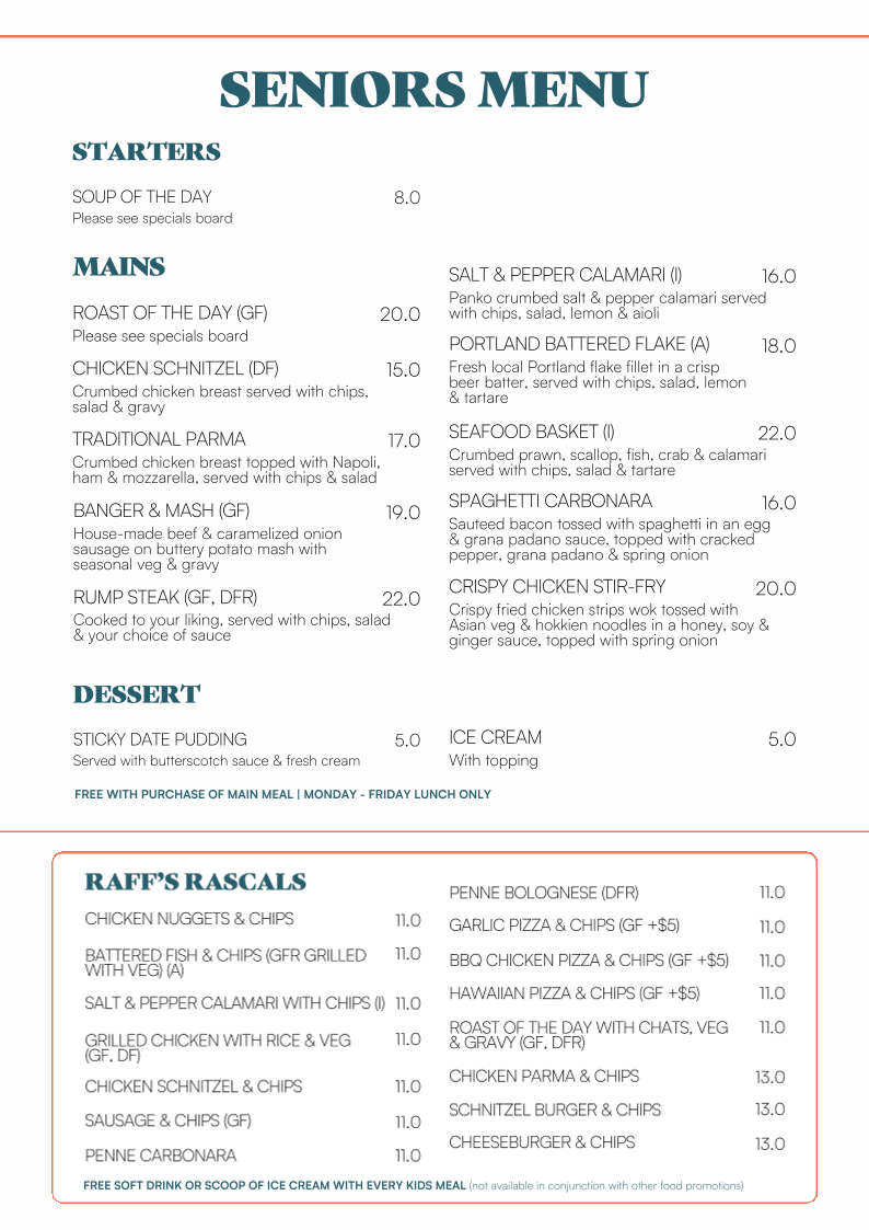 Menu, Rafferty's Tavern