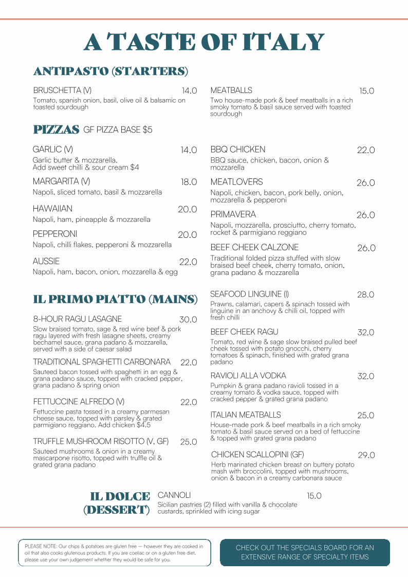 Menu, Rafferty's Tavern