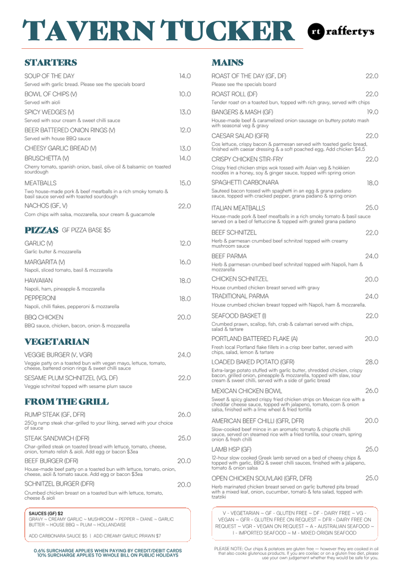 Menu, Rafferty's Tavern