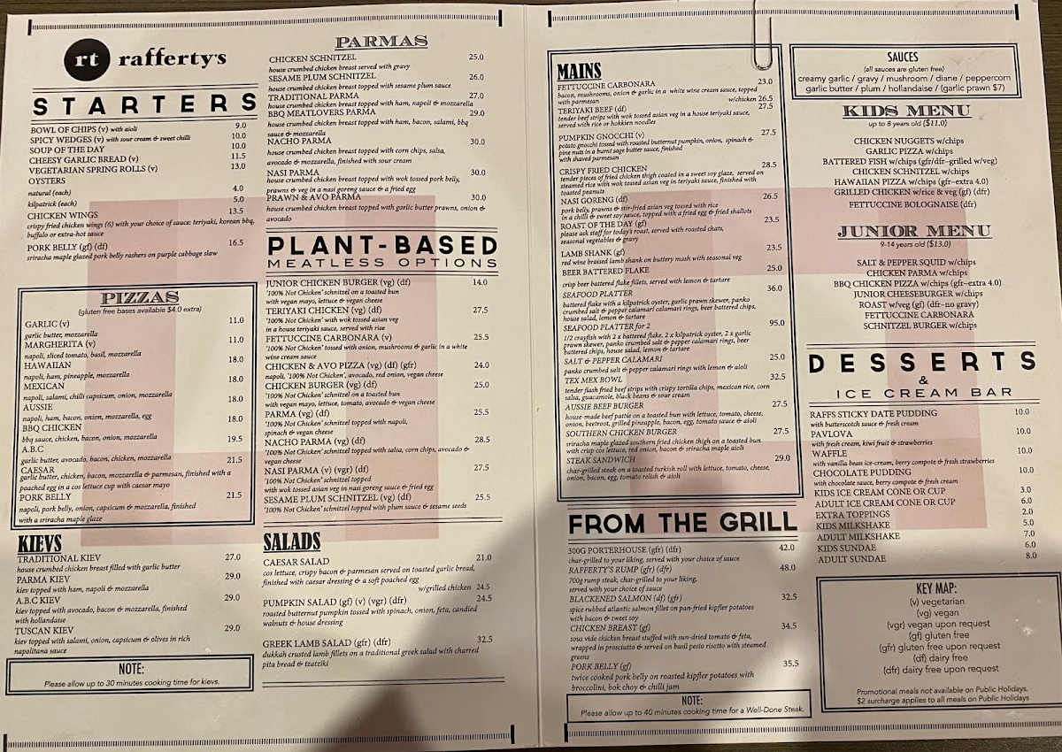 Menu, Rafferty's Tavern