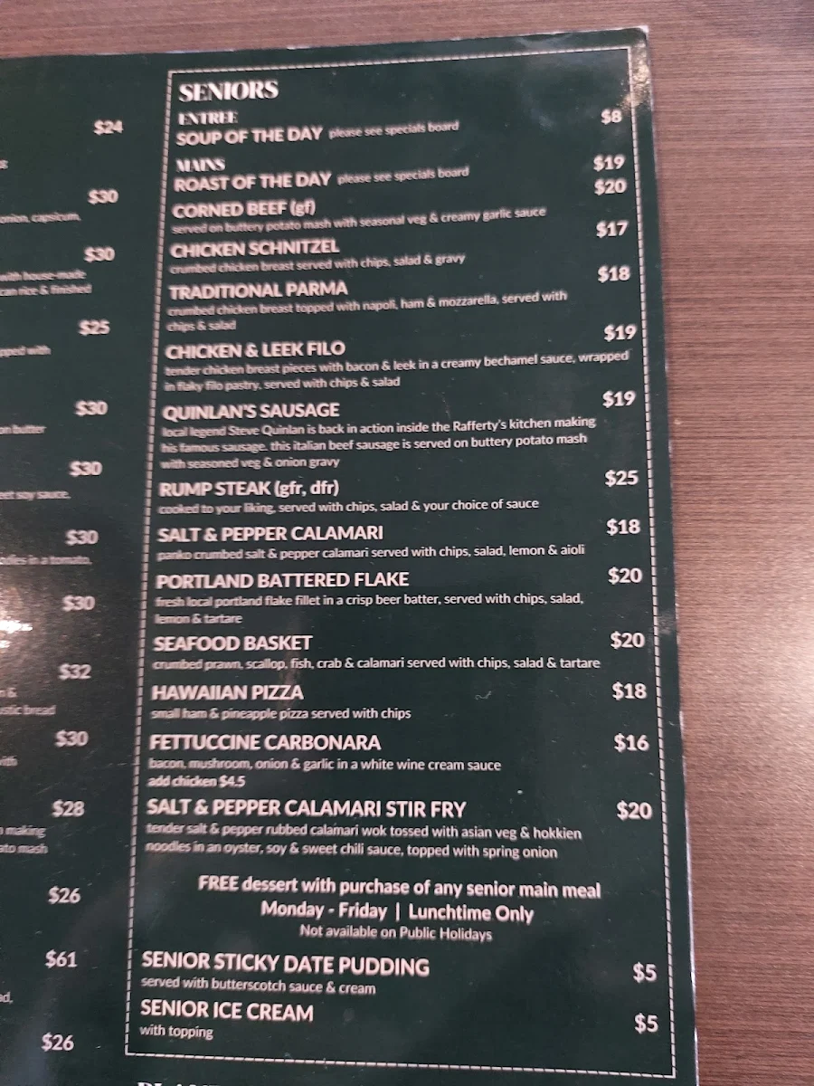 Menu, Rafferty's Tavern