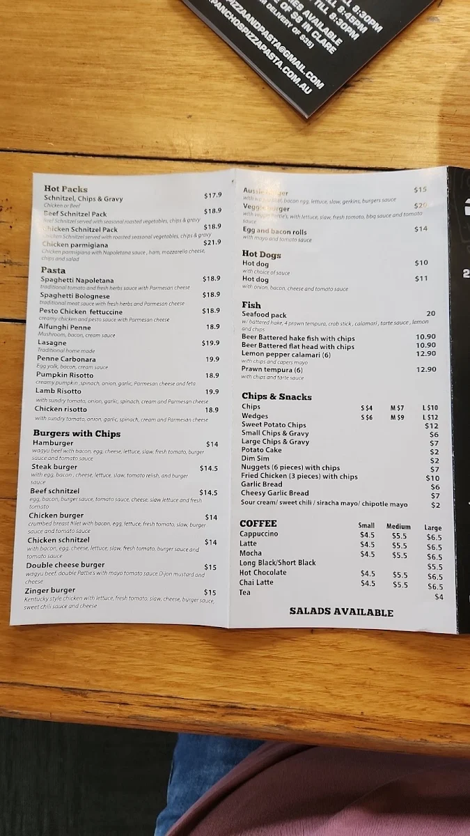 Menu, Pancho's Pizza & Pasta