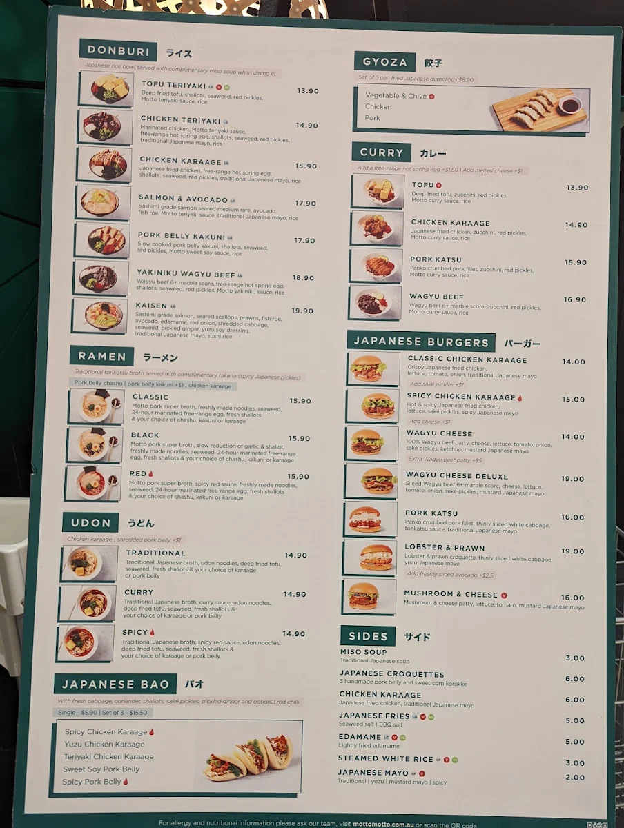 Menu, Motto Motto Japanese Kitchen - Castle Towers