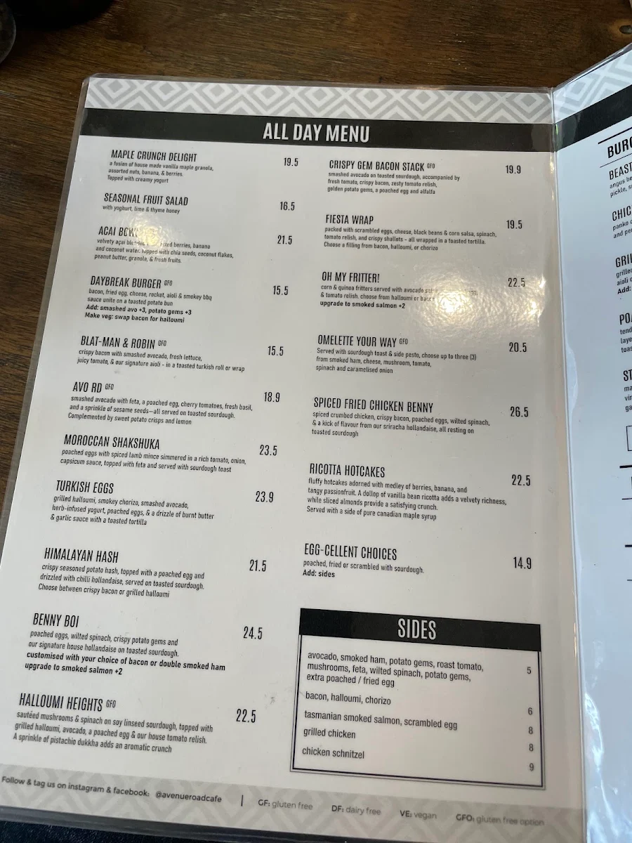 Menu, Avenue Road Cafe Mosman