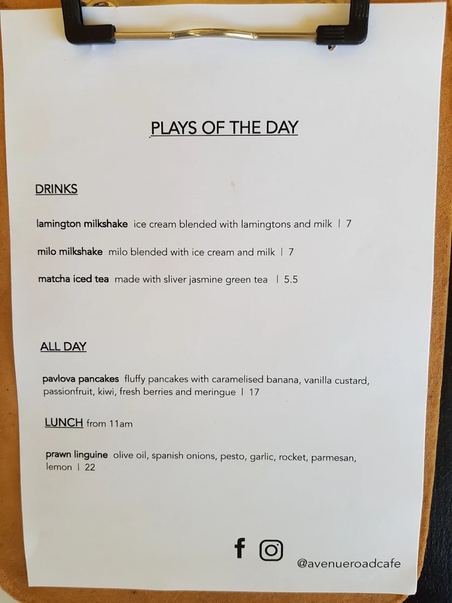 Menu, Avenue Road Cafe Mosman