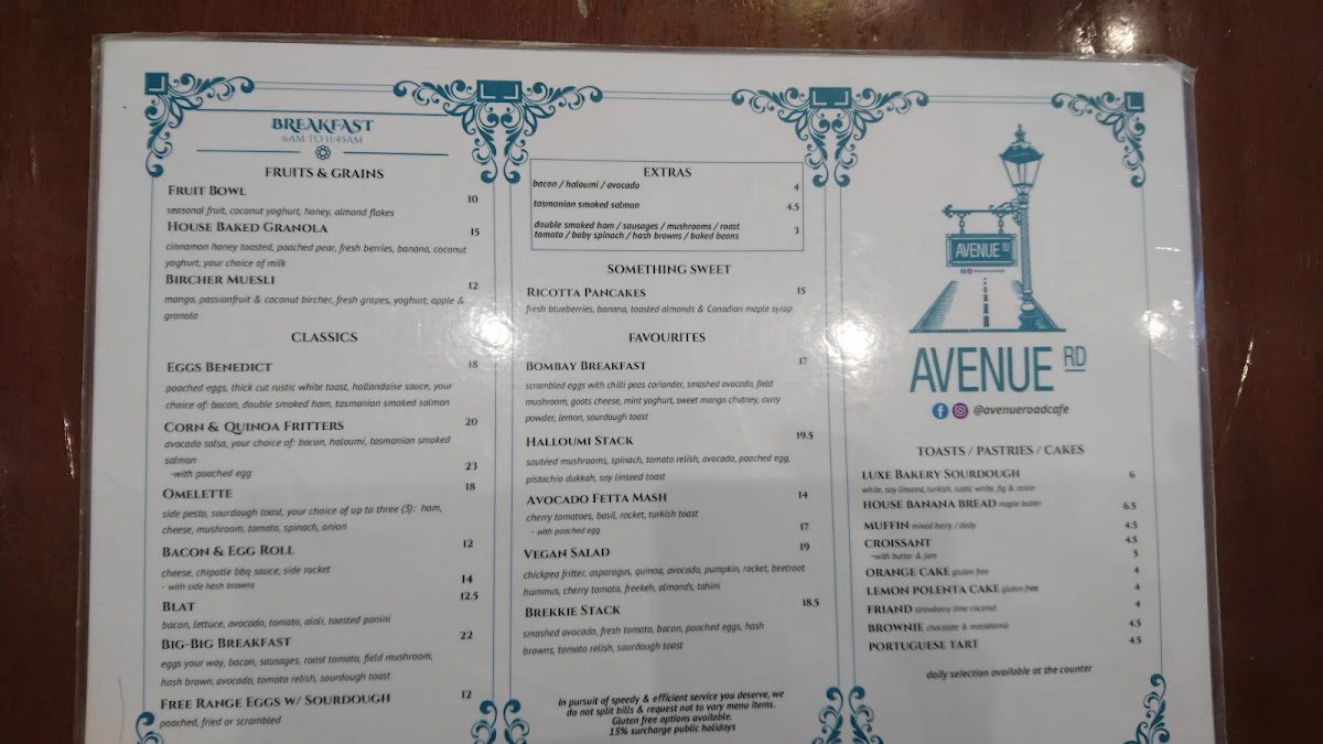 Menu, Avenue Road Cafe Mosman