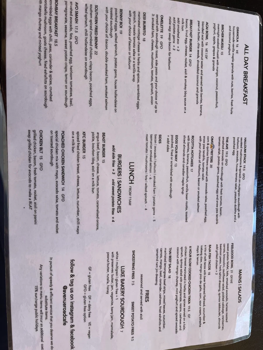Menu, Avenue Road Cafe Mosman