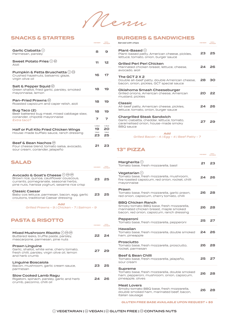 Menu, Gold Coast Tavern