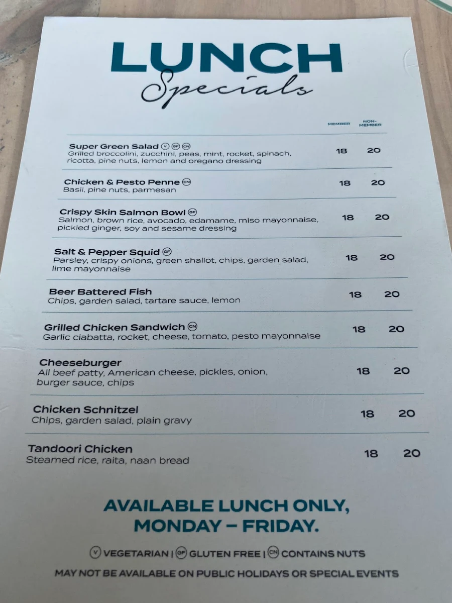Menu, Gold Coast Tavern