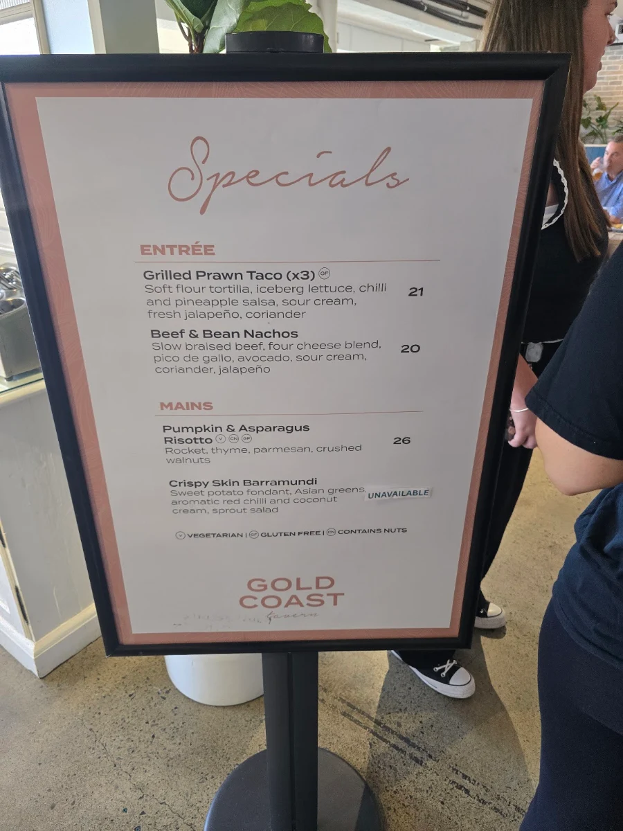Menu, Gold Coast Tavern