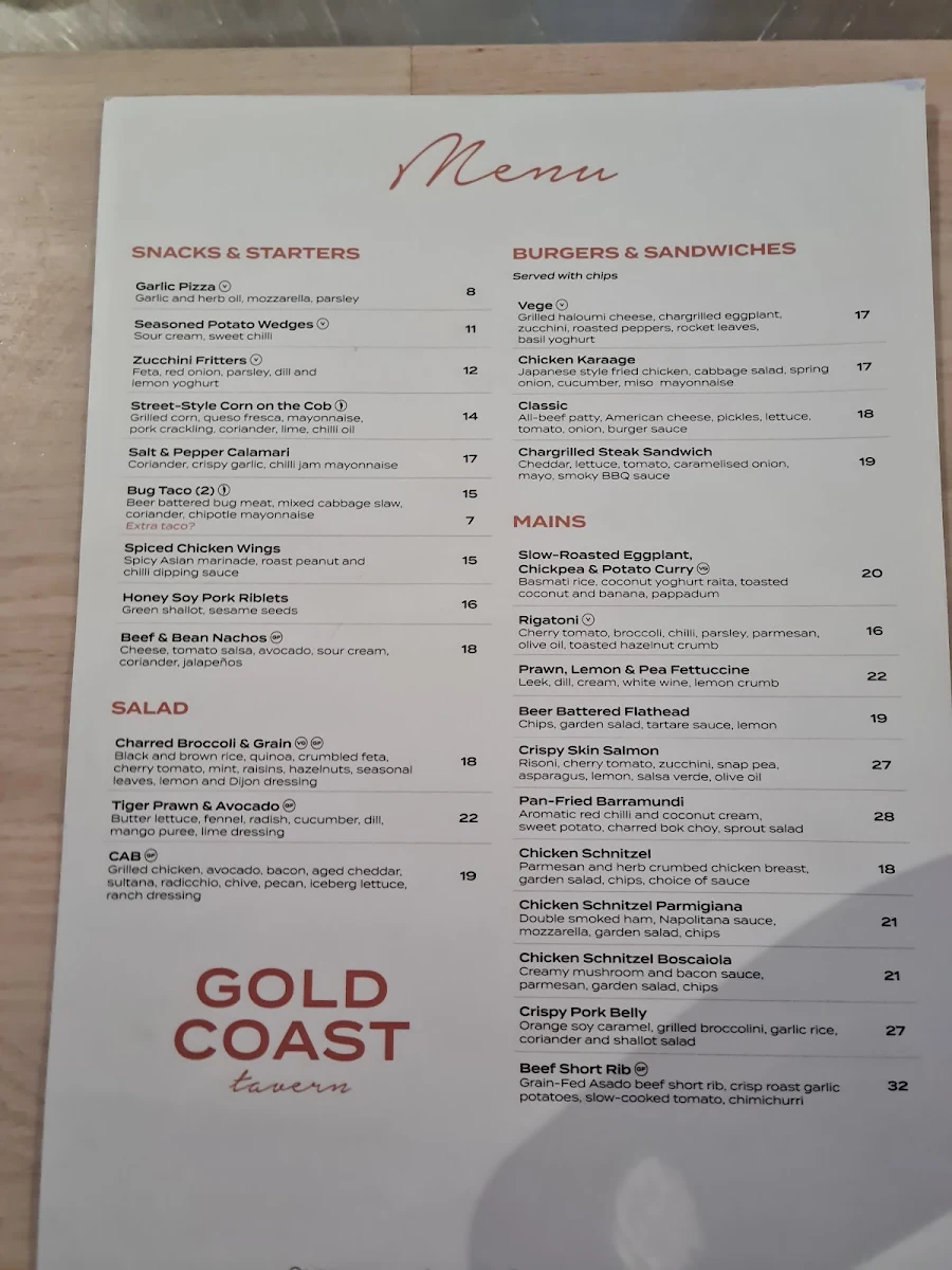 Menu, Gold Coast Tavern