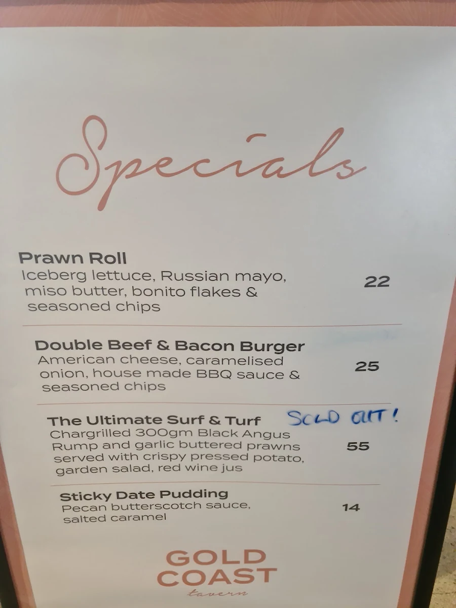 Menu, Gold Coast Tavern