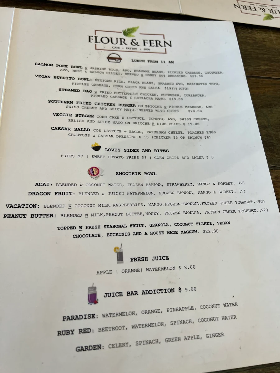 Menu, Flour & Fern Cafe