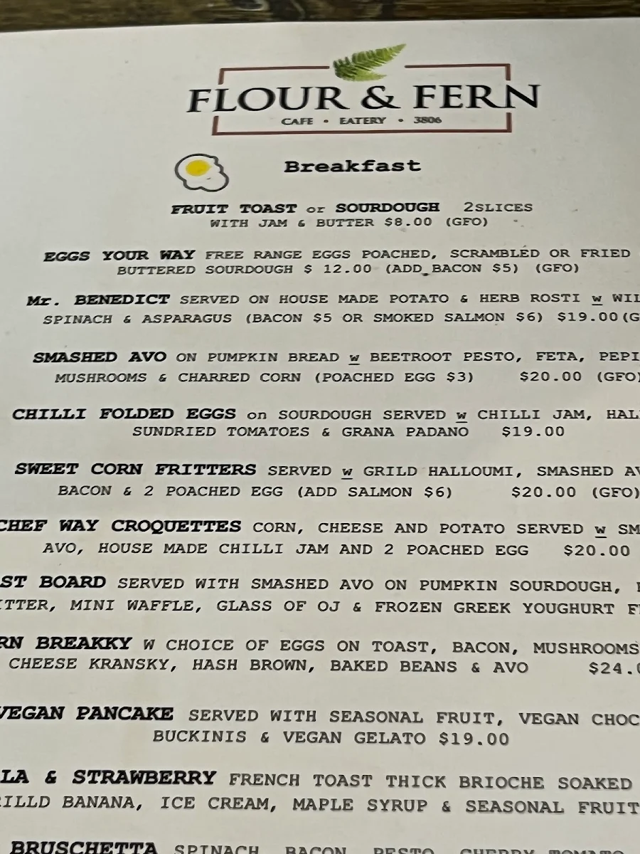 Menu, Flour & Fern Cafe