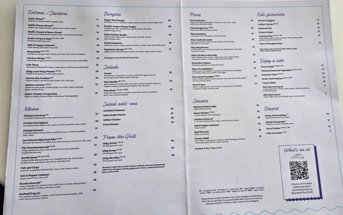 Menu, The Bayswater Bar and Grill