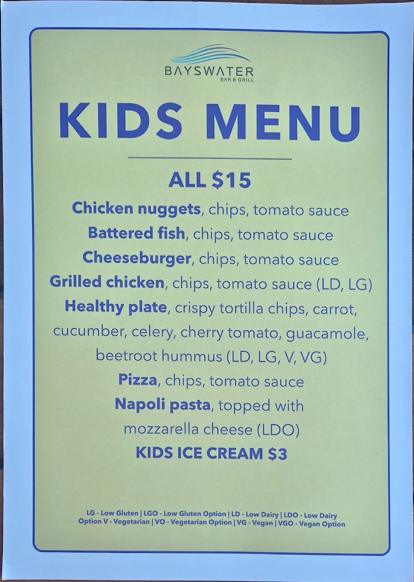 Menu, The Bayswater Bar and Grill